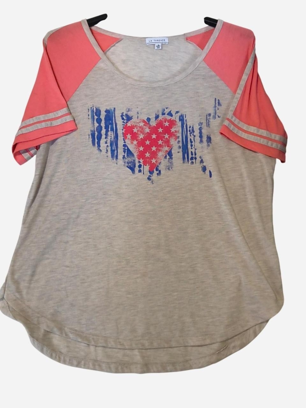 LA Threads Gray Short-Sleeve Tee with Pink Raglan Sleeves and Heart Graphic